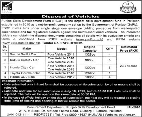 PSDF Lahore Tender Notice